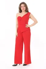 Kadın Büyük Beden Kırmızı Likralı Krep Kumaş Tek Omuz Ve Bel Detaylı Tulum 65N37954