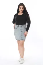 Kadın Büyük Beden Mavi Yıkama Efektli Kot Etek 65N38500