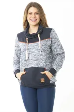 Kadın Büyük Beden Kuşgözü Bağcık Ve Süs Düğme Detaylı Kanguru Cepli Dik Yaka Sweatshirt 65N37122