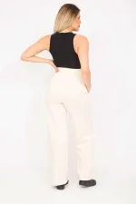 Kadın Bej Likralı Scuba Kumaş Beli Geniş Lastik Ve Ütü İzi Dikiş Detaylı Pantolon 65N35275