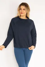 Women's Navy Blue Raglan Sleeve Hem Eyelet Lace-Up Sweatshirt 65N35182