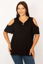 Kadın Siyah Omuz Dekolteli Ön Pat Fermuarlı Rahat Kesim Tunik 65N34206