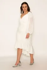 Kadın Kemik Göğüs Drapeli Kolları Şifon Eteği Volanlı Astarlı Abiye Elbise 85N7316