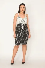 KADIN SİYAH BÜZGÜ DETAYLI PUAN DESEN ASKILI ELBİSE