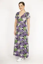 Kadın Mor Büyük Beden Anvelop Yakalı Renkli Uzun Elbise