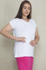 Women's White V-Neck Oversize Basic T-Shirt 65N27096