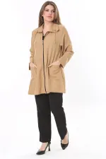 Kadın Büyük Beden Camel Keten Dokuma Ön Fermuar Ve Cepli Astarsız Ceket 65N37787