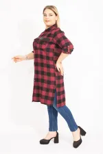 Kadın Bordo Ekose Desenli Ön Düğmeli Suni Deri Garnili Tunik Elbise 65N35422