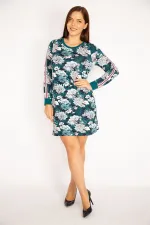 Kadın Petrol Kolları Şerit Detaylı Çiçek Desenli Tunik Elbise 65N34667