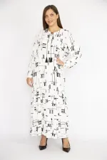 Kadın Beyaz Büyük Beden Dokuma Viskon Kumaş Etek Ucu Katlı Uzun Kollu Elbise