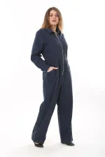 Kadın Büyük Beden Lacivert Ön Fermuarlı 4 Cepli Arka Bel Kemeri Lastikli Kot Tulum 65N37573