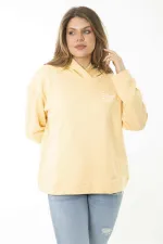 Kadın Büyük Beden Sarı Arka Ve Göğüs Baskılı İki İplik Kapşonlu Sweatshirt 65N37164
