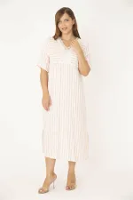 Kadın Büyük Beden Pembe Yakası Dantel Detaylı Çizgi Kombinli Elbise 65N36787