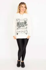 Kadın Kemik Yakası Kuşgözü Bağcıklı Taş Ve Baskı Detaylı Sweatshirt 65N34993