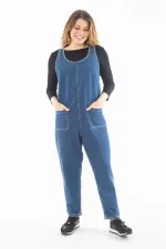 Kadın Büyük Beden Mavi V Yakalı Cepli Kot Tulum 65N37321