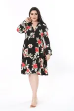 Kadın Büyük Beden Siyah V Yakalı Uzun Kollu Katlı Elbise 65N37944