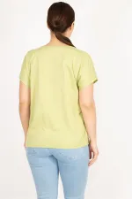 Kadın Yeşil Büyük Beden Pamuklu Kumaş Taş Detaylı Bluz