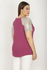 Kadın Büyük Beden Mor Kolları Payet Detaylı Bisiklet Yakalı Bluz 65N36882