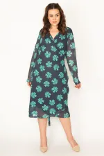 KADIN SİYAH KOLLARI TÜL BEDENİ ASTARLI KUŞAK BAĞLAMALI ÖNÜ AÇIK ANVELOP ELBİSE