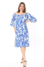 Kadın Mavi Yakası Lastik Detaylı Dokuma Viskon Kumaş Elbise 65N37864