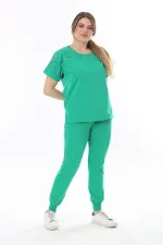 Kadın Büyük Beden Saks Taş Detaylı Kısa Kollu Sweatshirt Pantolon Takım 65N37702