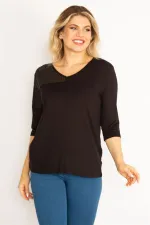 Kadın Siyah Lazer Kesim Detaylı Kapri Kollu Viskon Bluz 65N34631