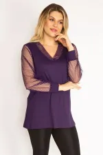 Kadın Mürdüm Yaka Ve Kolları Simli Tül Bluz 65N35185