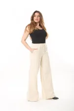 Kadın Büyük Beden Bej İçi Şardonlu Üç İplik Beli Lastik Ve Bağcıklı Eşofman Alt 65N37480