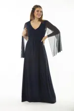 Kadın Büyük Beden Lacivert Bel Detaylı Kolları Tül Abiye Elbise 65N37065