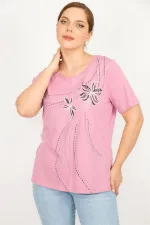 Kadın Pembe Büyük Beden Pamuklu Kumaş Ön Baskılı Bluz