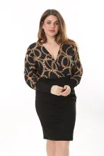 Kadın Büyük Beden Siyah Anvelop Yakalı Uzun Kollu Elbise 65N37628