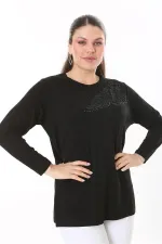 Kadın Büyük Beden Siyah Aplike Dantel Ve Taş Detaylı Uzun Kollu Bluz 65N37688