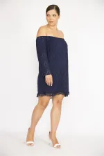 Kadın Büyük Beden Lacivert Delikiş Kumaş Yakası Lastikli Astarlı Tunik