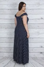 KADIN LACİVERT YAKA VE ASKILARI LASTİK DETAYLI PUAN DESENLİ YIRTMAÇLI UZUN ELBİSE