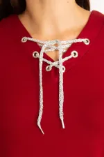 Kadın Bordo Yakası Kuşgözü Bağcık Detaylı Kol Ağzı Fırfır Büzgülü Bluz 65N34648