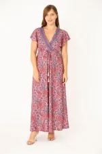 Kadın Büyük Beden Renkli Anvelop Yakalı Bel Bağcıklı Elbise 65N36878