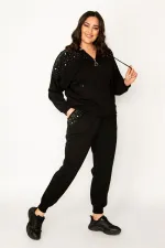 Kadın Siyah İnci Detaylı Kapşonlu Eşofman Takım 65N30435