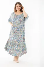 Kadın Büyük Beden Renkli Yaka Lastikli Dokuma Viskon Kumaş Katlı Elbise 65N37349