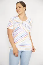 Kadın Renkli Büyük Beden Pamuklu Kumaş Bisiklet Yakalı Kısa Kollu Bluz