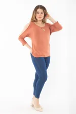 Kadın Büyük Beden Oranj Öpücük Yaka Omuz Dekolteli Uzun Kol Kollu Bluz