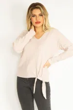 Kadın Gri V Yakalı Kabartma Desenli Ön Bağcıklı Bluz 65N35168