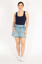 Kadın Mavi Büyük Beden Ön Fermuarlı Likralı Kot Etek