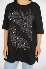 Kadın Büyük Beden Siyah Taş Ve İnci İşli Bisiklet Yakalı Yan Yırtmaçlı Bluz