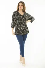 Kadın Büyük Beden Kahve Yaka Pileli Kapri Kollu Bluz 65N37147