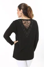 Kadın Büyük Beden Siyah Sırtı Taş Ve Pul Payet Tül Detaylı Uzun Kollu Bluz 65N37691