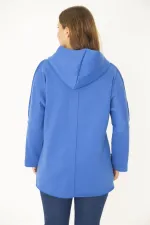 Kadın Büyük Beden Saks Ön Fermuar Ve Cepli Kapşonlu Kaşe Mont 65N36969