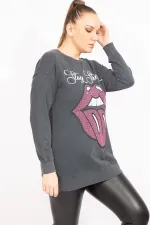 Kadın Füme Taş Detaylı Sweatshirt   65N35493