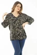 Kadın Büyük Beden Kahve Yaka Pileli Kapri Kollu Bluz 65N37147