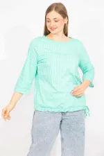 Kadın Lacivert Büyük Beden Pamuklu Kumaş Çizgi Kombinli Bluz 65N35571