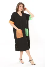 Kadın Büyük Beden Siyah File Ve Süs Düğme Detaylı Rahat Kesim Elbise 65N37859